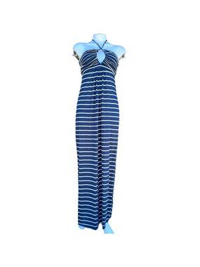 T-Bags Los Angeles Navy & White Striped Halter Maxi Dress Keyhole Front Size S